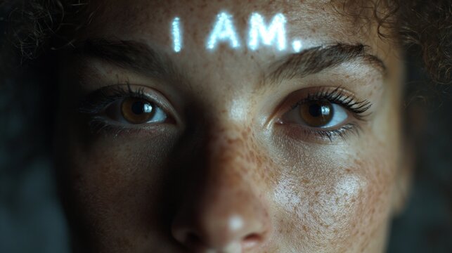 Woman face with glowing I AM text