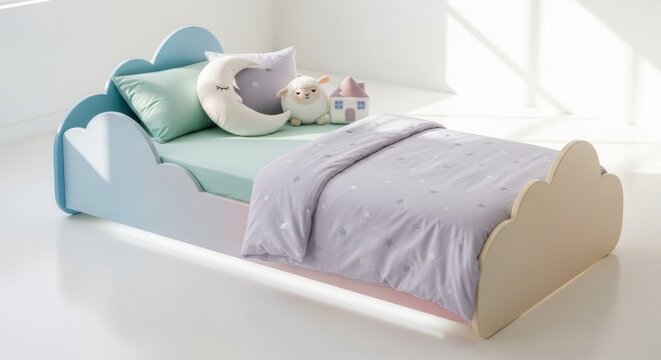 Child bed with cloud headboard and pastel bedding.