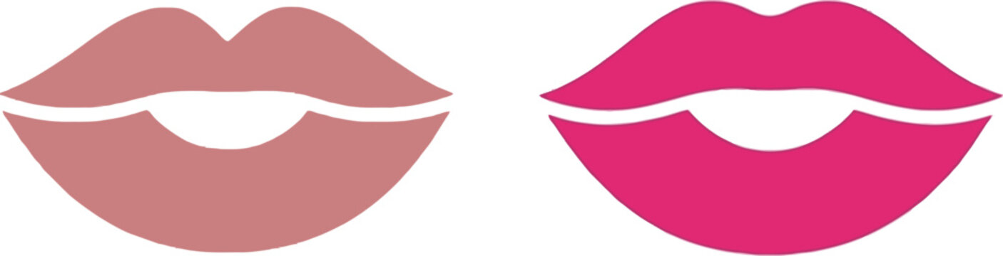 Lips icon set featuring two stylized lip designs in pink and red shades for beauty, makeup, cosmetics, fashion, romance, kiss symbols and modern vector illustrations.