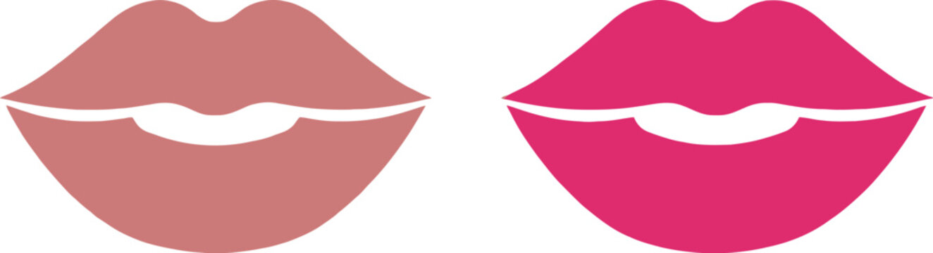 Lips vector icon collection with two elegant pink and red lip symbols representing beauty, glamour, lipstick, fashion, romance, cosmetics branding and feminine design projects.