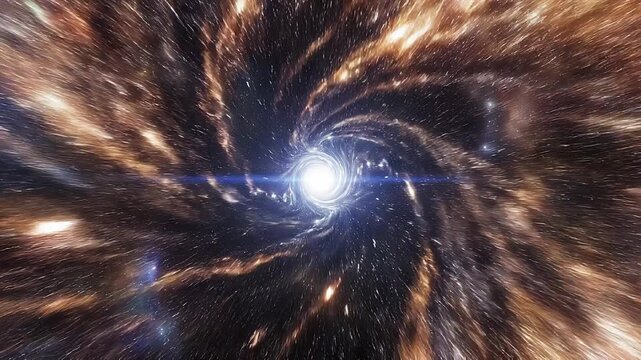 Wormhole travel through space with transport speed concept. Vivid cosmic vortex with swirling stars and glowing light in deep space galaxy background