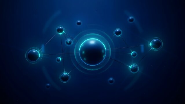 Central luminous sphere powering network of floating orbs &ndash; Ideal for blockchain technology visuals, decentralized network ads, or tech graphics.