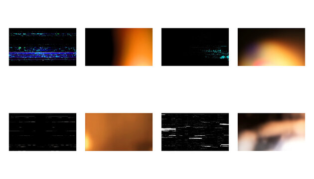 Modern digital glitch and light leak PNG overlay bundle with abstract textures isolated on transparent background