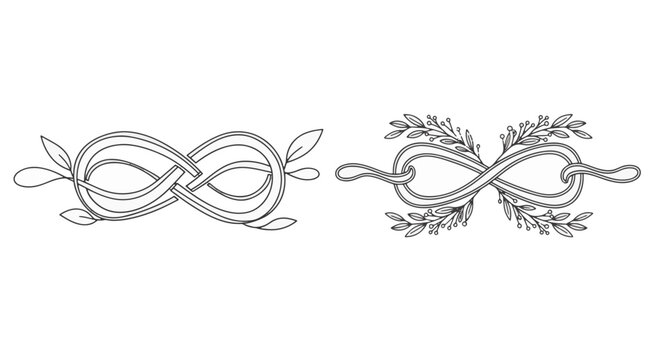 Two decorative interlocking infinity knots with botanical elements, featuring leaves and floral sprigs in black line art style on a white background for minimalist design use.