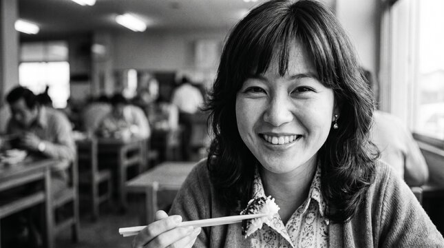 昭和の日本人女性：昭和の社員食堂で、笑顔で定食を食べる20代日本人OLの日常を切り取ったモノクロバストアップポートレート