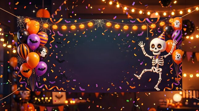 Festive Halloween Party Banner Background with Cute Dancing Skeleton Balloons String Lights and Copy Space