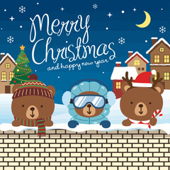 Fototapeta premium Three adorable cartoon bears dressed in winter attire celebrate Christmas, surrounded by a snowy landscape and a decorated Christmas tree, exuding warmth and joy.