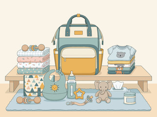 Fototapeta premium This charming illustration showcases essential baby items arranged neatly, symbolizing care and love in parenting, perfect for preparing for a fun day with your little one.