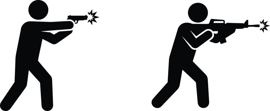 Two black stick figure silhouettes of people firing with muzzle flashes on white... person