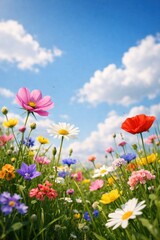 Fototapeta premium Vibrant wildflowers under blue sky.