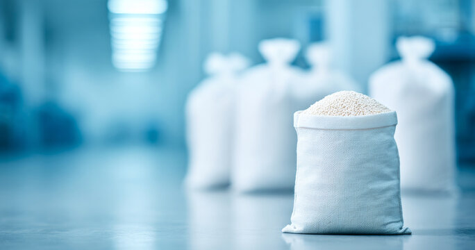 White sack filled with grains in warehouse