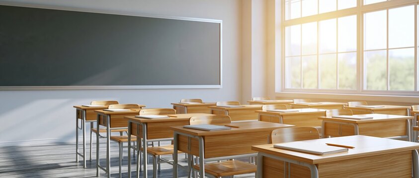 Empty classroom with wooden desks and chalkboard