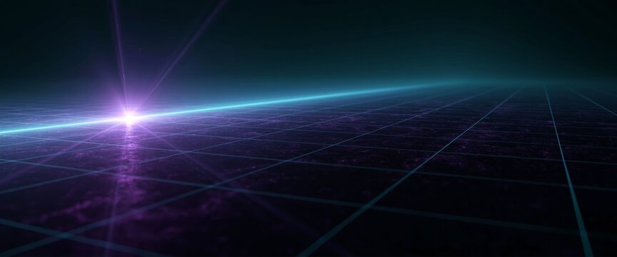 Futuristic glowing grid with horizon light