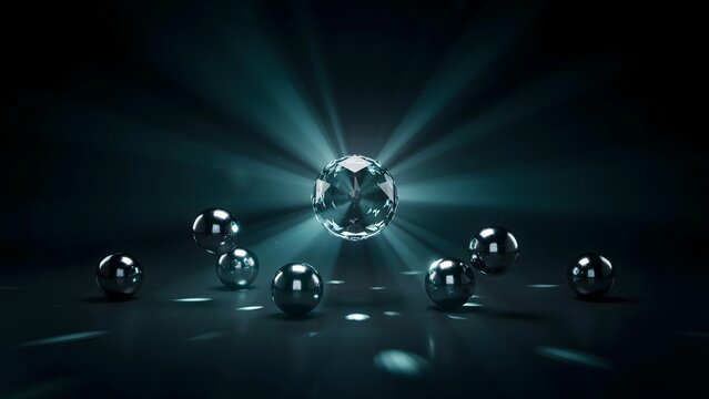 Radiant crystal sphere illuminating metallic orbs in dark studio &ndash; Great for 3D modeling showcases, abstract science imagery, or geometric art.