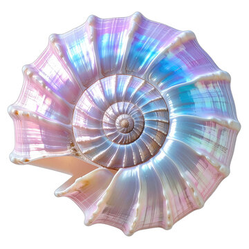 A Nautilus shell displays iridescent, pastel colors against a black background.