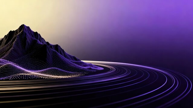 3D Particle Wireframe Mountain Landscape with Glowing Purple-Gold Dots and Concentric Arc Tracks for Big Data Visualization