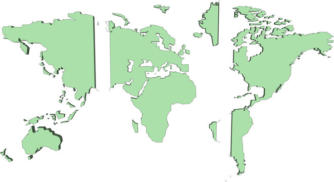 Detailed 3D model of a frameless triptych world map featuring extruded continental landmasses split into three vertical decorative wall panels