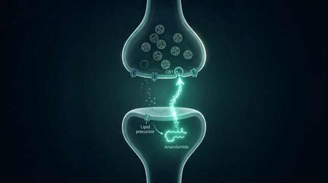 Endocannabinoid System Synapse, Glowing Neuron Cross-Section Concept
