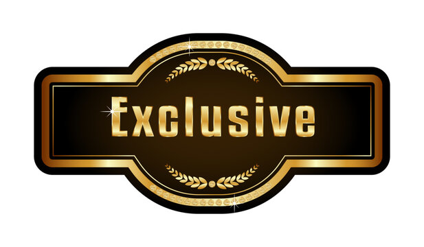Luxury exclusive gold label with metallic lettering, elegant laurel decoration, sparkling diamond accents and glossy black background. Premium badge for branding, packaging, certificates