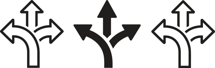 Set of three-way directional arrow icons in solid and outline styles © MdAshraf