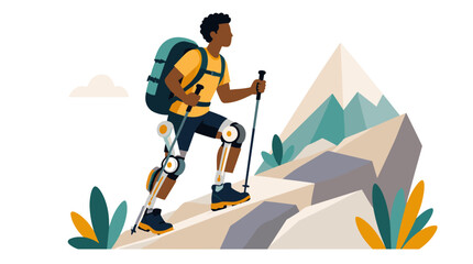 Fototapeta premium Hiker Climber Trekker with Backpack Ascending Mountain Peak.