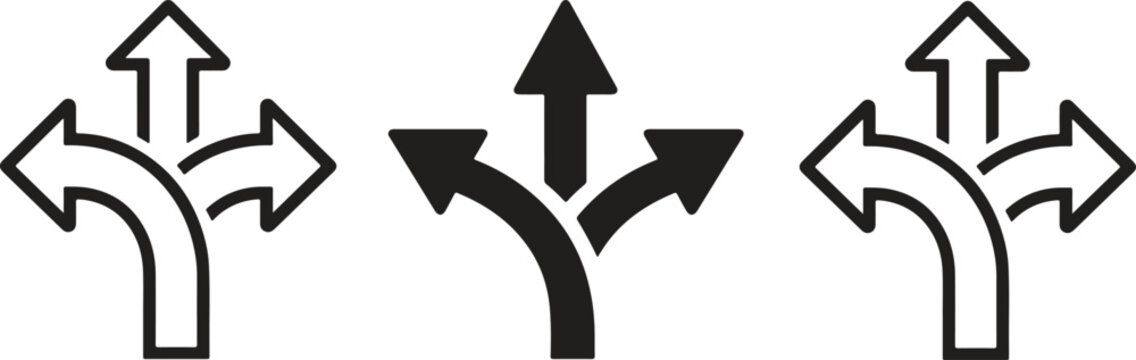 Set of three-way directional arrow icons in solid and outline styles