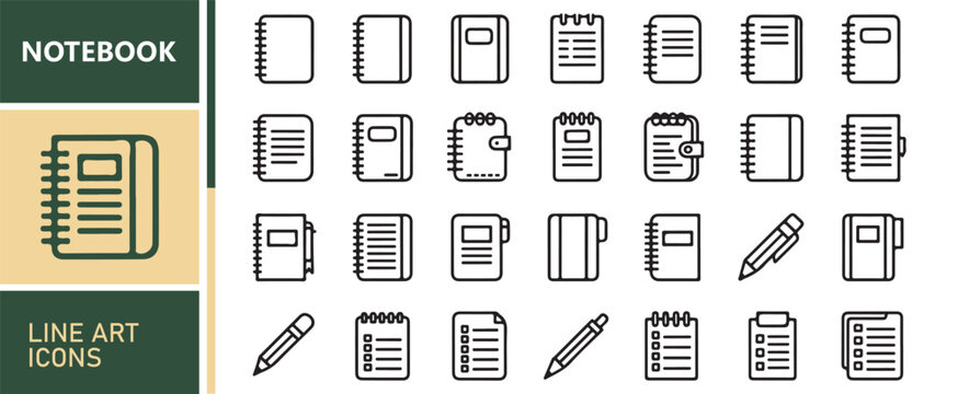 Spiral Notebook Line Art Icons Isolated on White Background with Editable Stroke