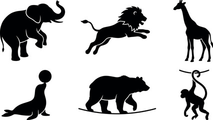 Wild animal silhouette set featuring elephant, lion, giraffe, seal, bear and monkey black wildlife vector collection © Shekhor studioBD