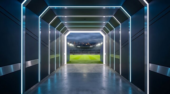 Illuminated modern tunnel leading to a brightly lit sports stadium field under a dramatic sky.