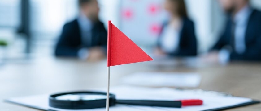 Red flag on desk with blurred people