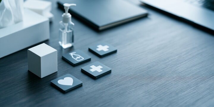 Medical icons and sanitizer on desk