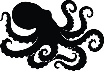 Black silhouette of a large octopus with eight long curled tentacles isolated on white © Aysha