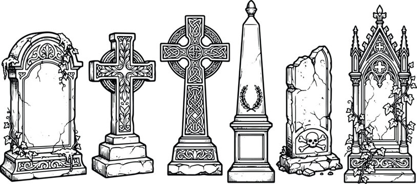 Vintage Gravestone Tombstone Engraving Illustration Collection for Halloween Gothic Cemetery Design Elements