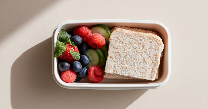 Healthy lunchbox with sandwich and fruits