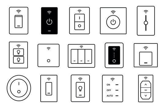 Smart light switch line icons set representing modern home automation technology with wireless control symbols and touch panels
