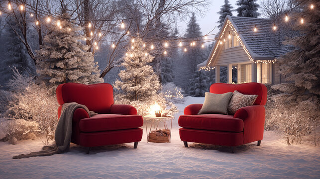 beautiful christmas background with a fireplace and armchairs, a snow-covered landscape, a garland of lights around the tree, a blue sky, a winter evening, soft focus, high-resolution photography, hig