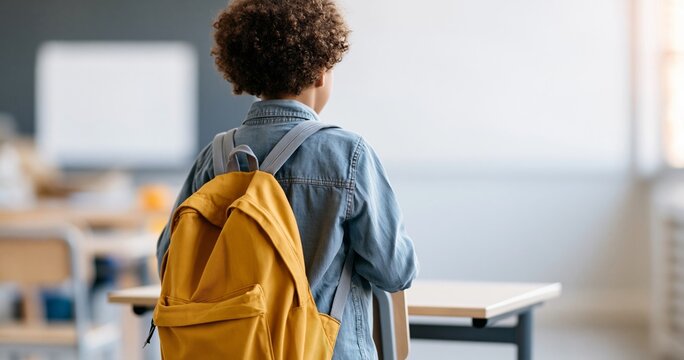 Child with yellow backpack in classroom