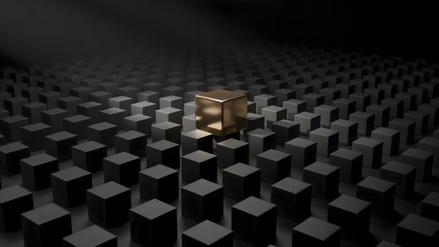 Gold block standing out in matte black cube field &ndash; Perfect for market differentiator concepts, wealth building strategies, or elite branding.
