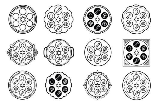 Passover seder plate line icons set featuring traditional symbolic foods and Star of David designs for Jewish holiday celebration