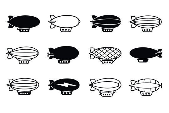 Airship and blimp vector icon set featuring various black and white dirigible designs for aviation and transportation graphics