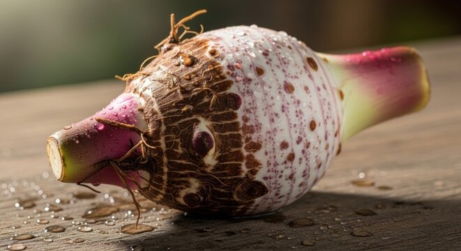 Close up of raw taro root on wooden surface.