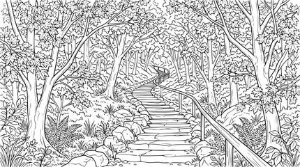Obraz premium Coloring Page of a Forest Path with Stone Stairs and Maple Trees