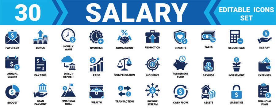 Set of 30 salary and finance icons featuring financial concepts money management and business payments Minimal solid fill icon set bundle collection. Editable Vector Illustration Mega pack