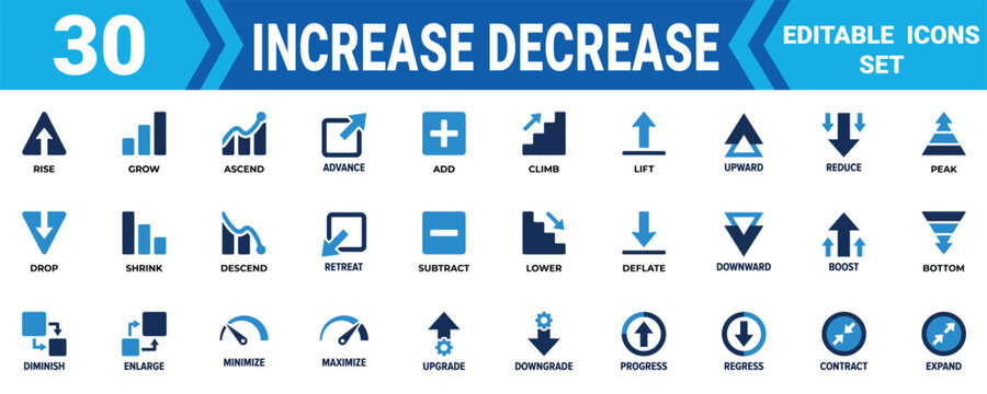 Set of thirty increase and decrease icons showing arrows and graphs for business data and finance growth Minimal solid fill icon set bundle collection. Editable Vector Illustration Mega pack