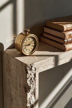 Brass alarm clock with vintage books on travertine console in Scandinavian minimalist interior