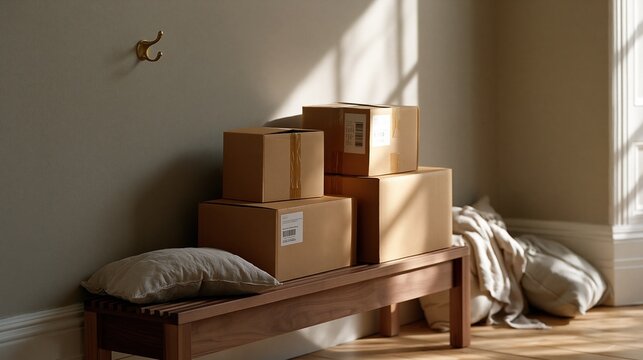 Cardboard moving boxes on walnut bench in Scandinavian minimalist entryway
