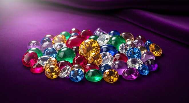 Colorful Jewels on Purple Fabric Background.