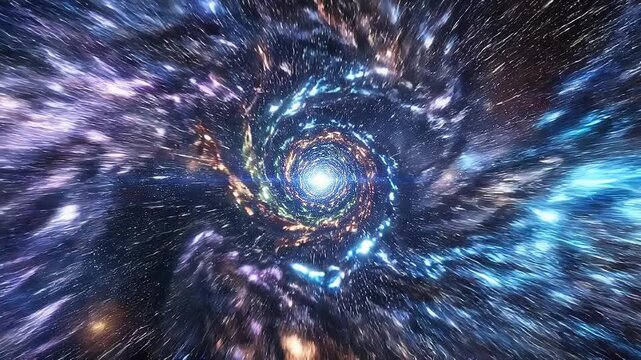 Bright glowing cosmic vortex in deep space with swirling stars and colorful galaxy motion effect