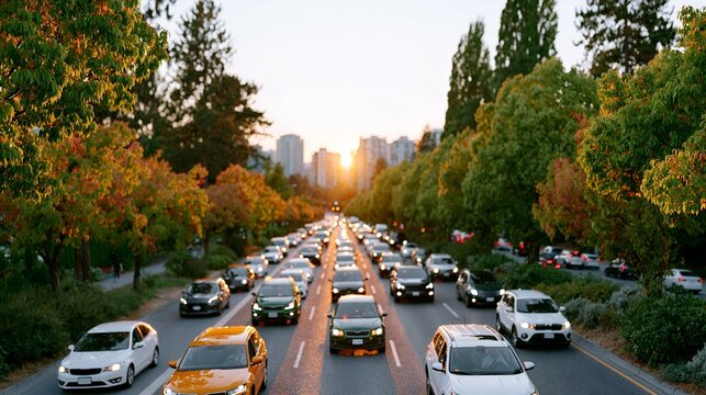 Urban highway at golden hour with trees and distant buildings