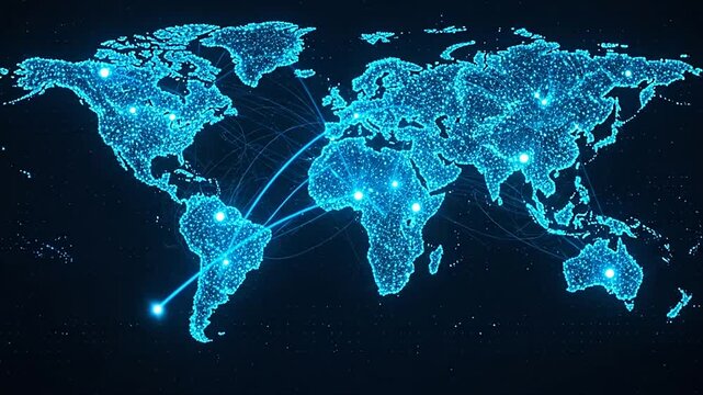 Digital blue world map network with data nodes